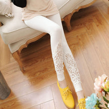 Women Cozy Modal Cotton Knitted Leggings Lace Print Flower Hollow Out Stretch Pants