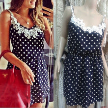 Stylish Sexy Women Strap Dress Polka Dots Blue Mini Dress Lace Chiffon Sundress