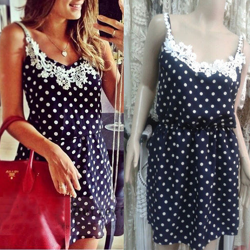 Stylish Sexy Women Strap Dress Polka Dots Blue Mini Dress Lace Chiffon Sundress