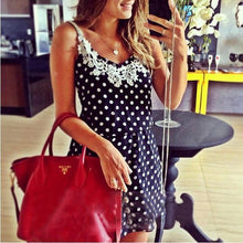 Stylish Sexy Women Strap Dress Polka Dots Blue Mini Dress Lace Chiffon Sundress