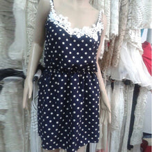 Stylish Sexy Women Strap Dress Polka Dots Blue Mini Dress Lace Chiffon Sundress