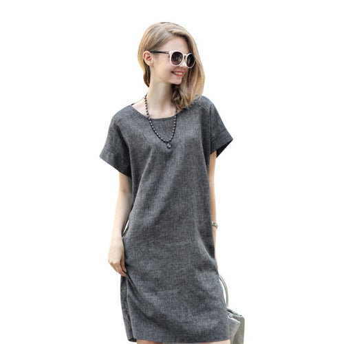 Women Casual Loose Cotton Linen Dress Short Sleeve Tunic Belt Dresses P16