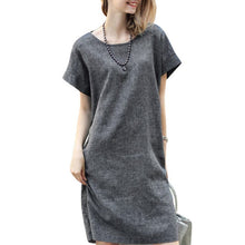 Women Casual Loose Cotton Linen Dress Short Sleeve Tunic Belt Dresses P16
