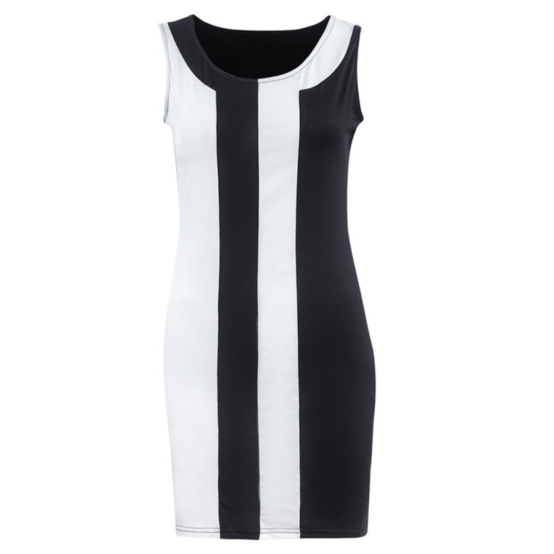 Women Dresses  Black and White Striped Sexy Sleeveless Party Evening Mini Short Straight Dresses