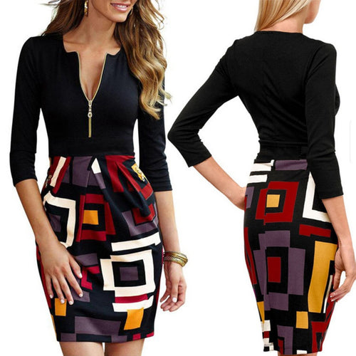 Women Formal Office OL Work Vestidos Casual Bodycon Dress Vintage Digital Print Dresses