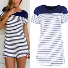 Women Mini Dress Blue Striped Pattern Sundress Party Beach Short Dress
