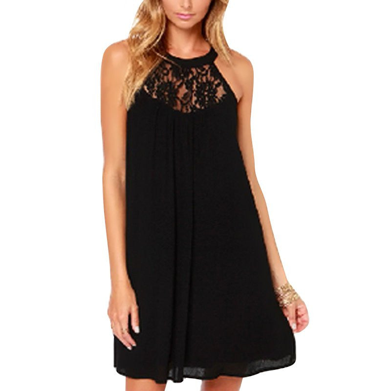 Women Sexy Lace Patchwork Chiffon Mini Sleeveless Dress Casual Loose Party Dresses Plus  L4