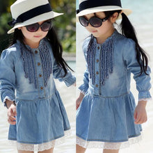 Toddler Kids Baby Girls Long Sleeve Denim Dress Lace Flower Hem Jeans One-piece Dresses