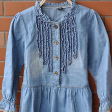 Toddler Kids Baby Girls Long Sleeve Denim Dress Lace Flower Hem Jeans One-piece Dresses