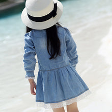Toddler Kids Baby Girls Long Sleeve Denim Dress Lace Flower Hem Jeans One-piece Dresses