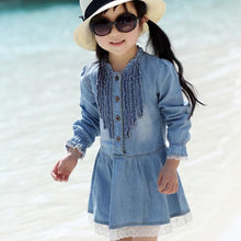 Toddler Kids Baby Girls Long Sleeve Denim Dress Lace Flower Hem Jeans One-piece Dresses