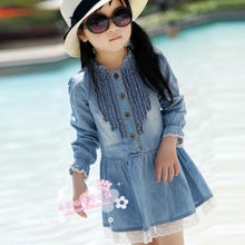 Toddler Kids Baby Girls Long Sleeve Denim Dress Lace Flower Hem Jeans One-piece Dresses