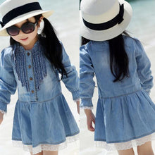 Toddler Kids Baby Girls Long Sleeve Denim Dress Lace Flower Hem Jeans One-piece Dresses