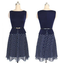 Vogue Women Sleeveless Chiffon Dress with Belt Slim Polka Dot Crew Neck Party Dresses