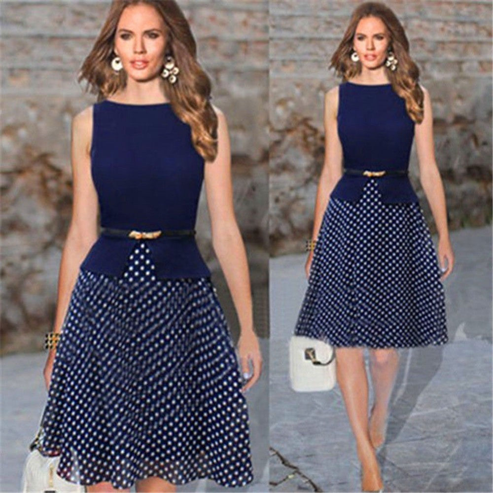 Vogue Women Sleeveless Chiffon Dress with Belt Slim Polka Dot Crew Neck Party Dresses