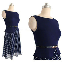 Vogue Women Sleeveless Chiffon Dress with Belt Slim Polka Dot Crew Neck Party Dresses