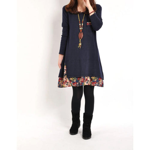 Women Floral Pieced Loose Casual Pullover WarmSkirt Dress Clothing