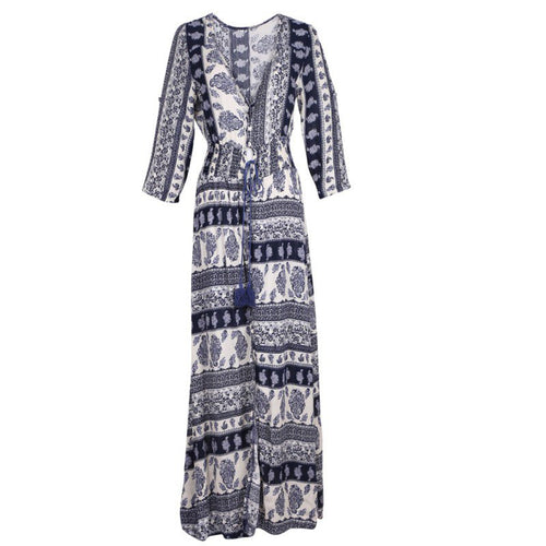 Women Boho Long Maxi Evening Party Dress Lady V-neck 3/4 Sleeve Thin Beach Dress
