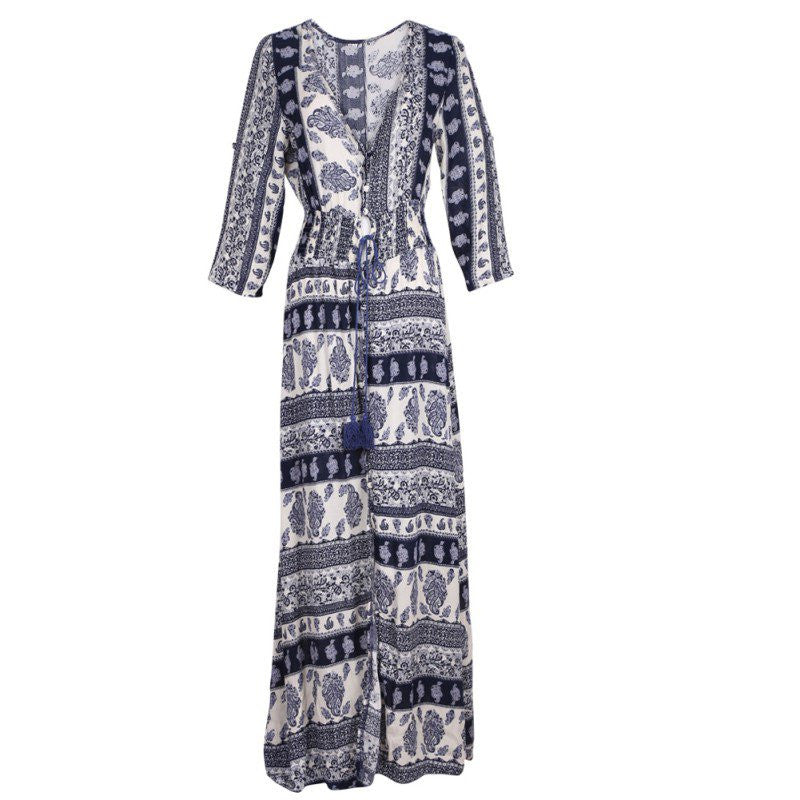 Women Boho Long Maxi Evening Party Dress Lady V-neck 3/4 Sleeve Thin Beach Dress