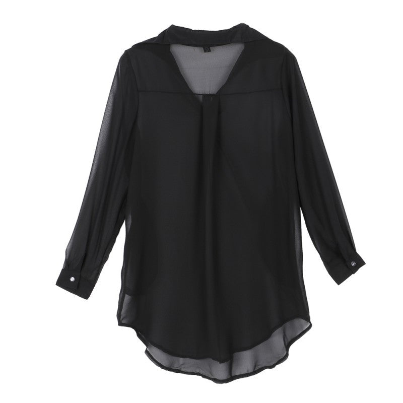 Women Casual Loose Long Chiffon Shirts Long Sleeve Turn Down Collar Sexy Blouses Tops Plus  Mini Dress Vestidos