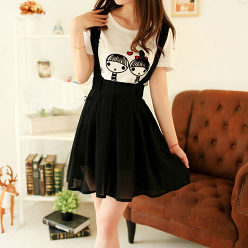 Women Chiffon Flared Skirt With Suspenders Braces Pastel Elastic Waist Solid Skirts