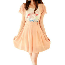 Women Chiffon Flared Skirt With Suspenders Braces Pastel Elastic Waist Solid Skirts