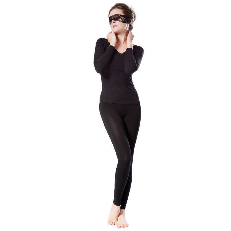 Women Deep V Neck Warm Thermal Underwear Long Johns Set Tops Pant Pajama Sets