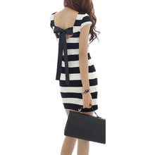 Women Elegant Dress Short Sleeve Bowknot Backless Dresses Bodycon Slim Fit Striped Vestidos LY5