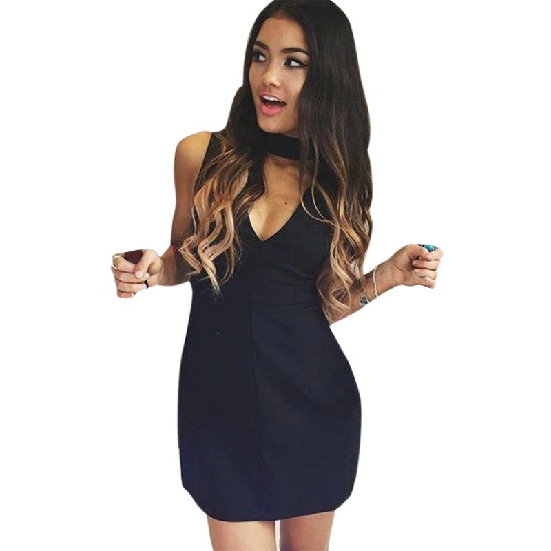 Women Girls Slim Dress Halter V Neck sleeveless office Party Bodycon Dresses