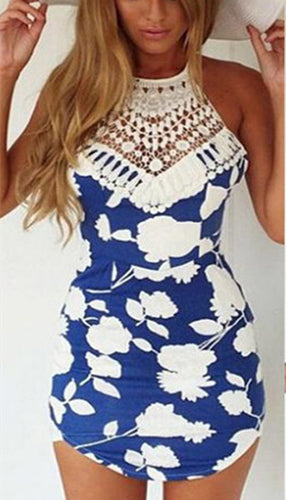 Women Lace Halter Bodycon Mini Dress Back Cross Off- Shoulder Party Floral Dresses Beachwear Freeshiping