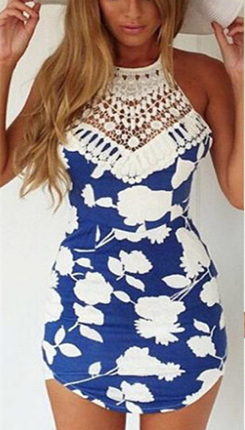 Women Lace Halter Bodycon Mini Dress Back Cross Off- Shoulder Party Floral Dresses Beachwear Freeshiping
