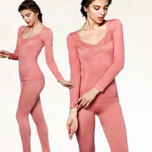 Women Lace V Neck Thermal Underwear Set Top and Pants Long Johns Sets Pajamas Sleepwear