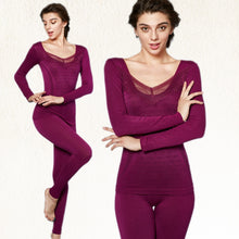Women Lace V Neck Thermal Underwear Set Top and Pants Long Johns Sets Pajamas Sleepwear