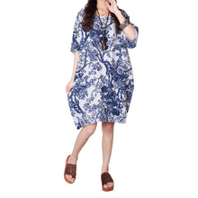 Women Ladies Half Sleeve Floral Casual Dress Cotton Linen Loose Dress
