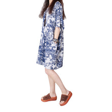 Women Ladies Half Sleeve Floral Casual Dress Cotton Linen Loose Dress
