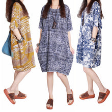Women Ladies Half Sleeve Floral Casual Dress Cotton Linen Loose Dress