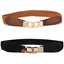 Women Metal Gold Buckle Elastic Stretch Waist PU Leather  Belt Waistband