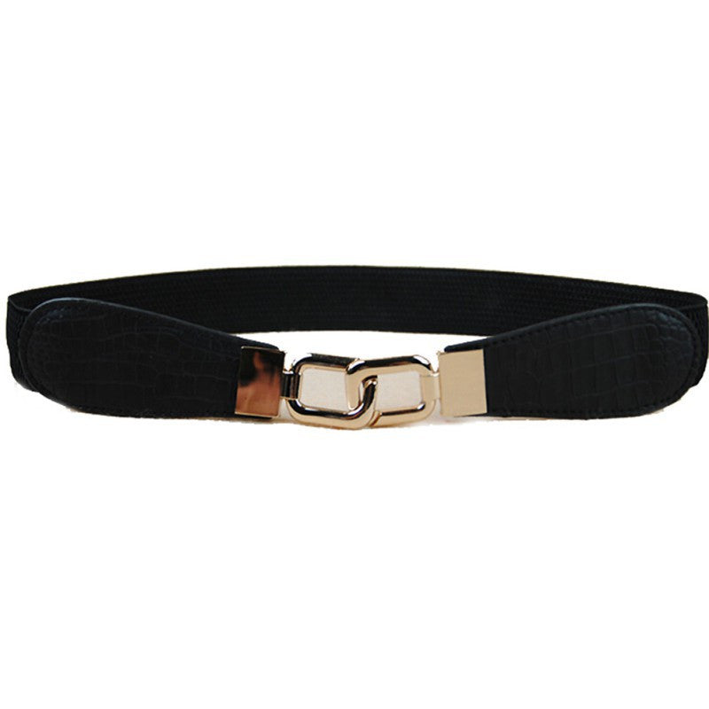 Women Metal Gold Buckle Elastic Stretch Waist PU Leather  Belt Waistband