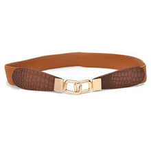 Women Metal Gold Buckle Elastic Stretch Waist PU Leather  Belt Waistband