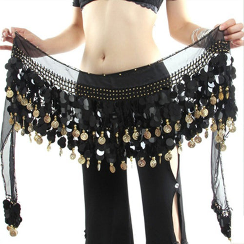 Women  Belly Dance Costume Hip Scarf Wrap Sequins Belt 58 Coins Chiffon Skirt