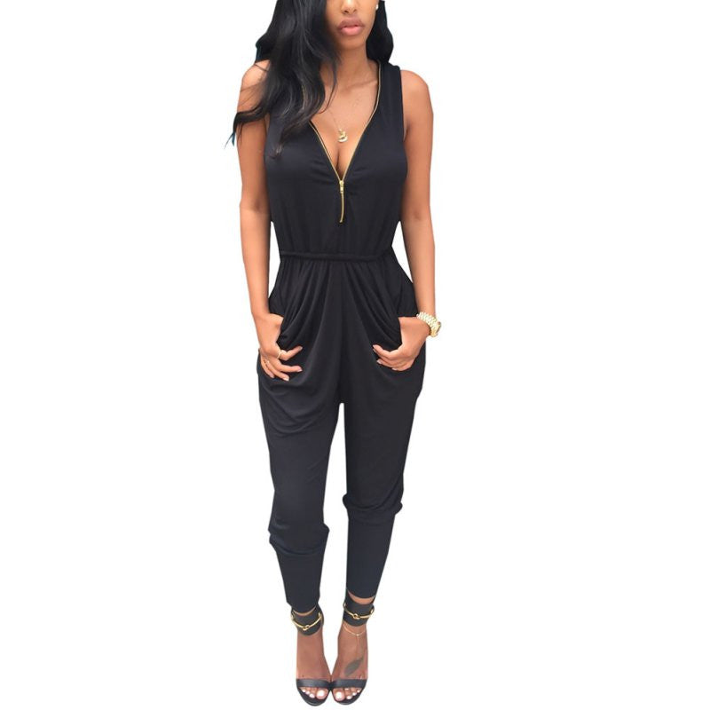 Women Sexy Deep V Zip  Sweet Sexy Casual Vogue Slim Fit Clubwear Long Full Jumpsuit Trousers Pants Playsuit Romper