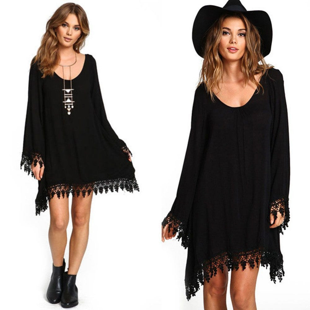 Women Soft Tassel Boho Long Sleeve Loose Dress Casual Jumper Party Mini Dresses