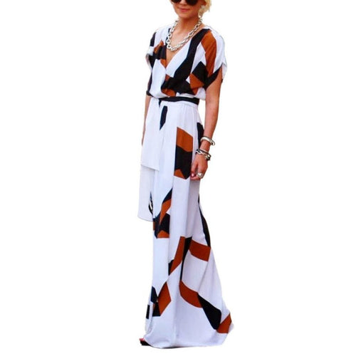 Women Vintage Dress Vestidos Sexy Deep V Neck Short Sleeve Pattern Print Long Beach Maxi Dress L4