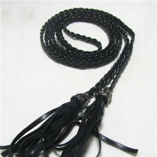 Women Thin Long PU Leather Woven Belt Tassel Clothing Waist Strap Braided Belt P16