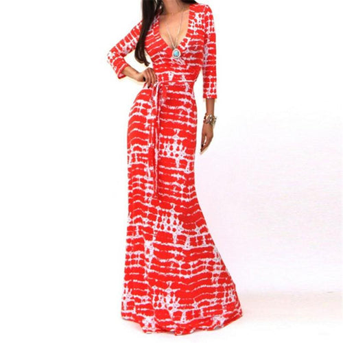 Women V-Neck Long Maxi Cocktail Party Ball Gown Belted Floor-Length Sexy Printed Dress P16