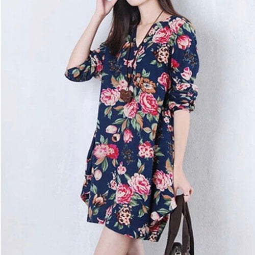 Women Vintage Floral Long Sleeve V-Neck Casual Dress Pregnant Maternity Linen Dresses  P16