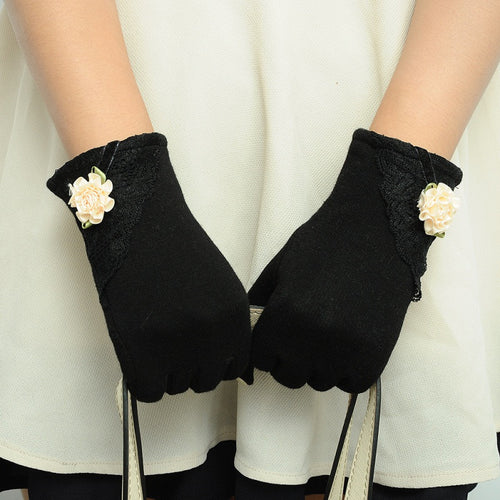 Women Warm Cotton Touch Screen Glove Bow Flower Lace Wrist Gloves Mittens