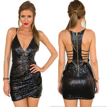 Women's Sexy Sequin Bling Mini Dress Sleeveless V-Neck Slim Bodycon Party Dress