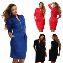Women's Sexy Zipper V-neck Bodycon Party Cocktail 3/4 Sleeve Pencil Mini Dress