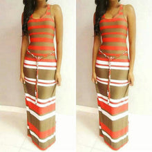 Women's Boho Long Maxi Dress Sleeveless O Neck Evening Party Beach Striped Dresses Sundress PY3